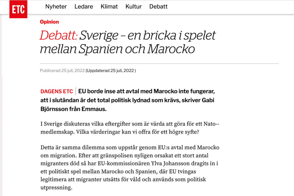 Skärmavbild på debattartikel om Sveriges roll som en spelbricka mellan Spanien och Marocko.