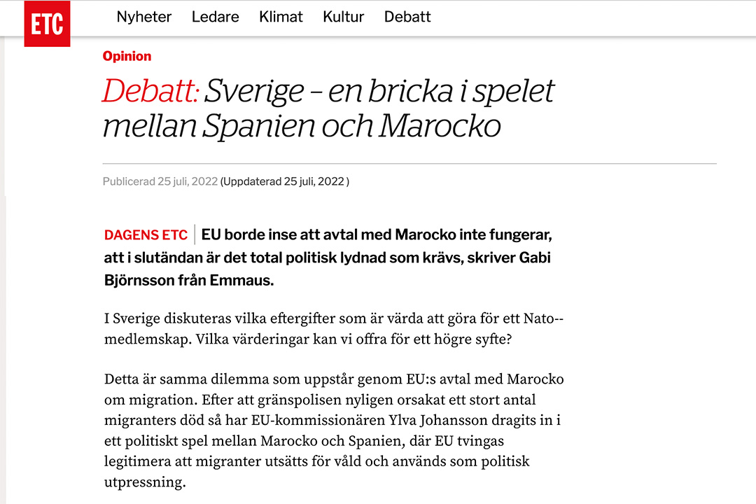 Skärmavbild på debattartikel om Sveriges roll som en spelbricka mellan Spanien och Marocko.