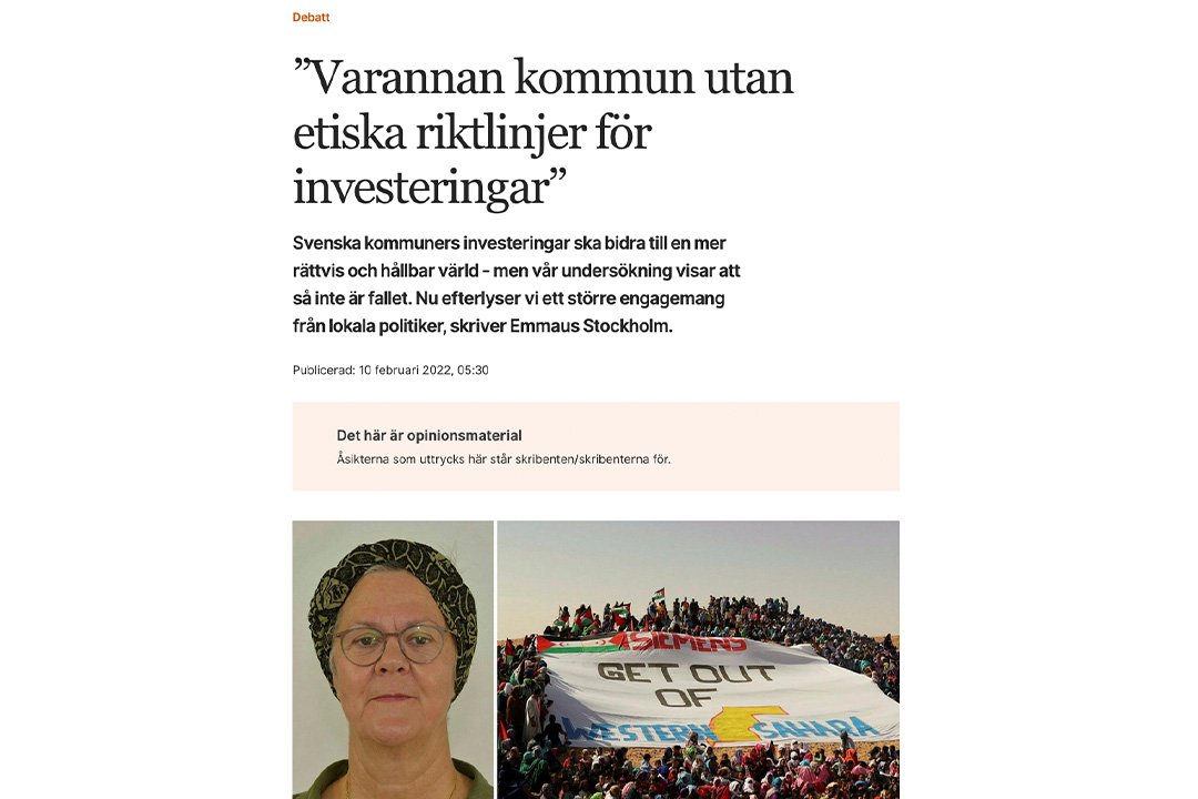Skärmavbild på debattartikel om kommuners avssaknad av etiska riktlinjer.
