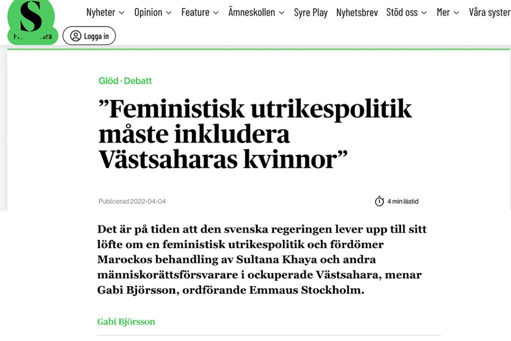 Skärmavbild på debattartikel om att feministisk utrikespolitik måste inkludera Västsaharas kvinnor.