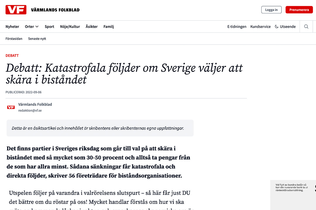 Skärmavbild på debattartikel om riskerna med att skära i biståndet. Rubrik: Katastrofala följder om Sverige väljer att skära i biståndet.