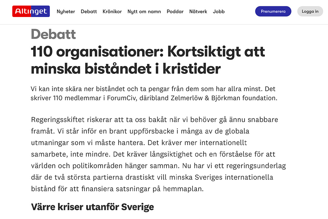 Skärmavbild på debattartikel om behovet av ökat bistånd. Rubrik: 110 organisationer: Kortsiktigt att minska biståndet i kristider.