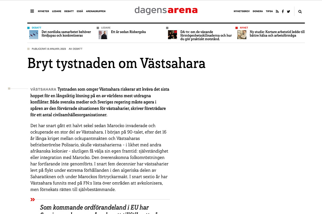 1080x720px_bryt_tystnaden Skärmavbild på debattartikel i Dagens Arena med rubriken: Bryt tystnaden om Västsahara