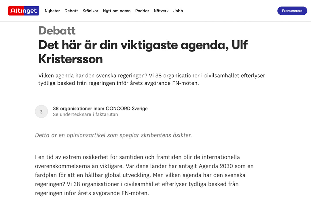 Skärmavbild av debattartikel med rubriken "Det här är din viktigaste agenda, Ulf Kristersson"