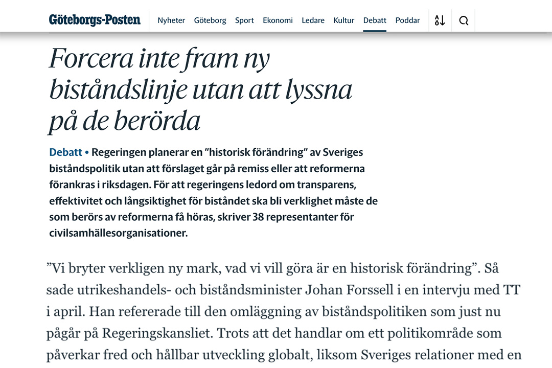 Skärmavbild på debattartikel riktad till bistånds- och utrikeshandelsminister Johan Forssell.