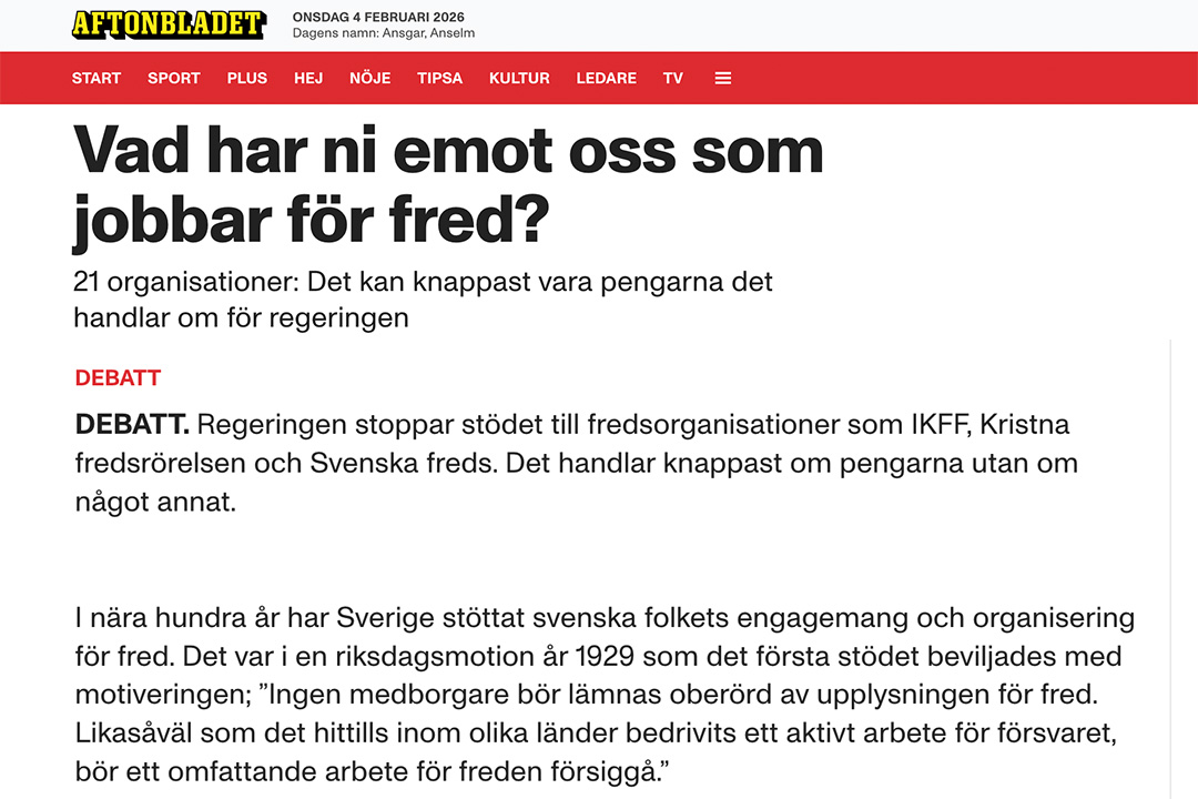 Urklipp från Aftonbladet debatt. Rubrik: Vad har ni emot oss som jobbar för fred?