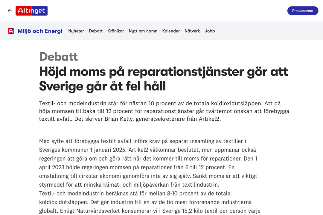 Sänkt moms på reparationstjänster är nödvändigt för att främja cirkulär textilhantering.
