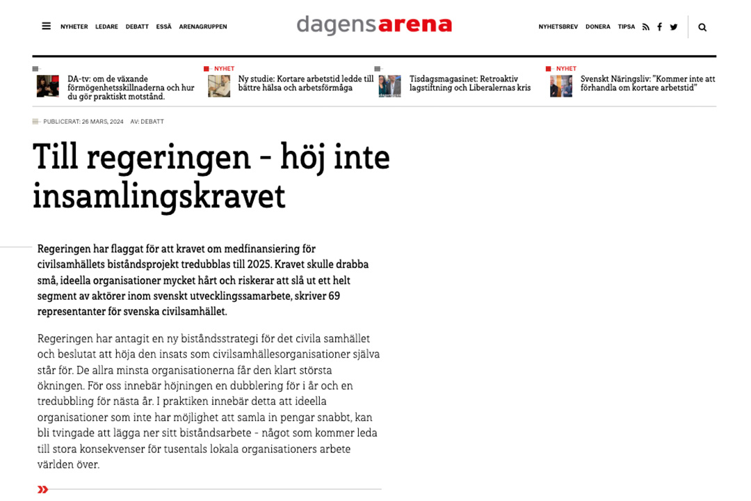 Skärmavbild från tidningen Dagens Arena. Rubrik: Höj inte insamlingskravet