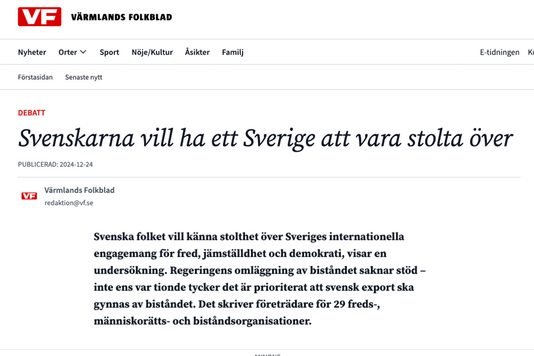 Skärmavbild av debattartikel i Värmlands Folkblad.