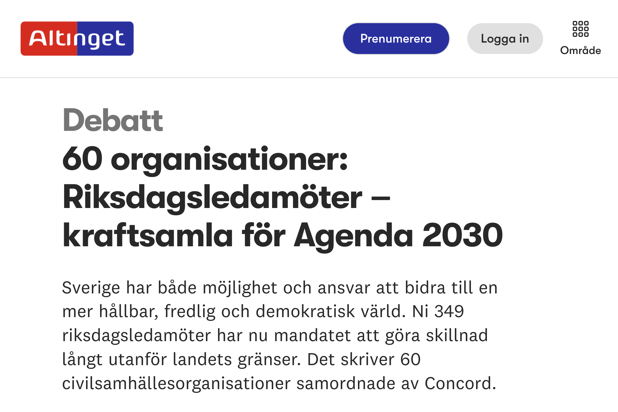 Skärmavbild på debattartikel i Altinget.